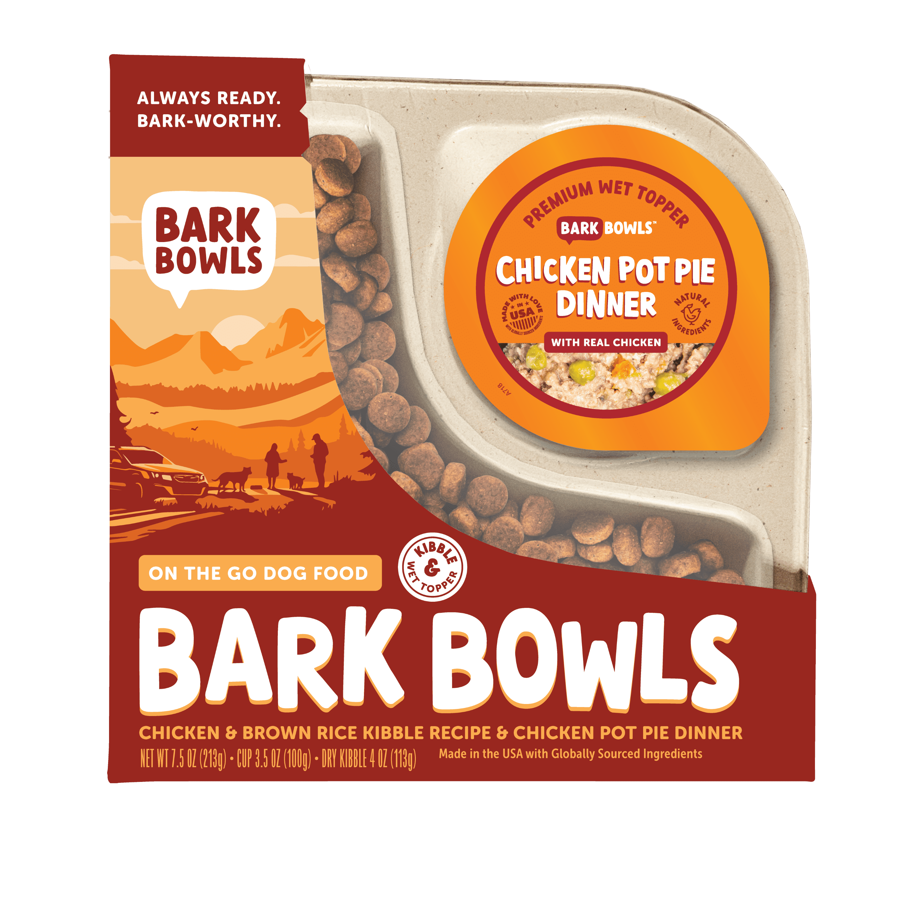 Bark Bowls On The Go Dog Food, Chicken Pot Pie Dinner, Turkey Fare Dinner & Homestyle Beef Dinner Variety Pack - 7.5 oz Tray (6 Count), Made in The USA