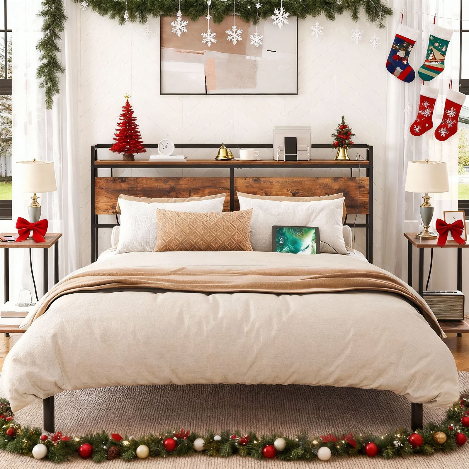 HOOBRO Queen Size Headboard with 2 Outlets & 4 USB Ports, Storage, Adjustable Height, Rustic Brown and Black
