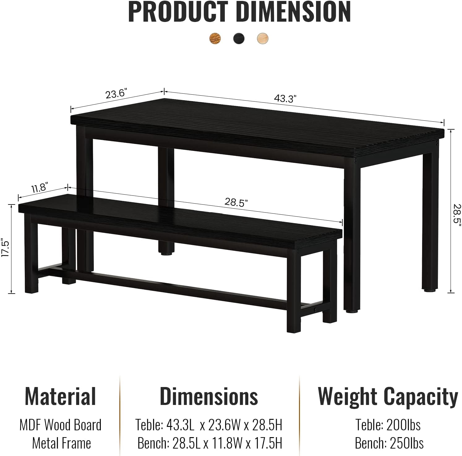 Cvortll Dining Room Table Set, Kitchen Table Set with 2 Benches, Ideal for Home, Kitchen and Dining Room, Breakfast Table of 43.3x23.6x28.5 inches, Benches of 38.5x11.8x17.5 inches, Black