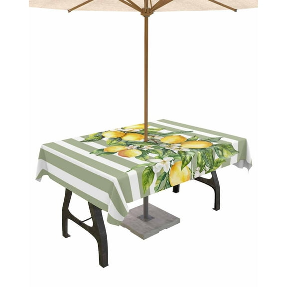 Fsddascl Sage Green Stripes Outdoor Tablecloth - 60x102 Inch Rectangle Dining Table Cover, Summer Spring Botanical Lemon Leaves Waterproof Outdoor Table Cloth with Umbrella Hole & Zipper for Patio