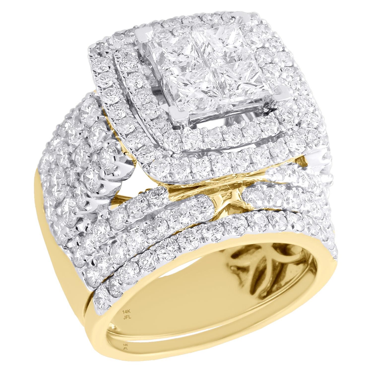 14K Yellow Gold Quad Diamond Bridal Set Engagement Ring + Wedding Band