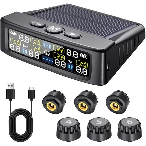 RV Tire Pressure Monitoring System - TPMS Tire Pressure Monitor with 6 Sensors, M12-3 TPMS Solar Charging and USB Color LCD Display, 0-9.9BAR/144PSI Range, 6 Alarm Modes for RV/Trailer/Truck, IP67
