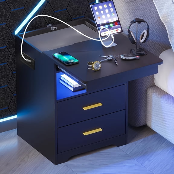 Modern Bedroom Nightstand with Hidden Drawer | 16-color Adjustable LED, Charging Station, And Open Storage, Black/white