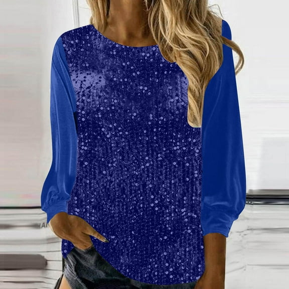 Guieoi Womens Tops Plus Size Trendy Woman Long Sleeve Solid Round-Neck Sequin Blouse Blue Black*Friday/Cyber*Monday