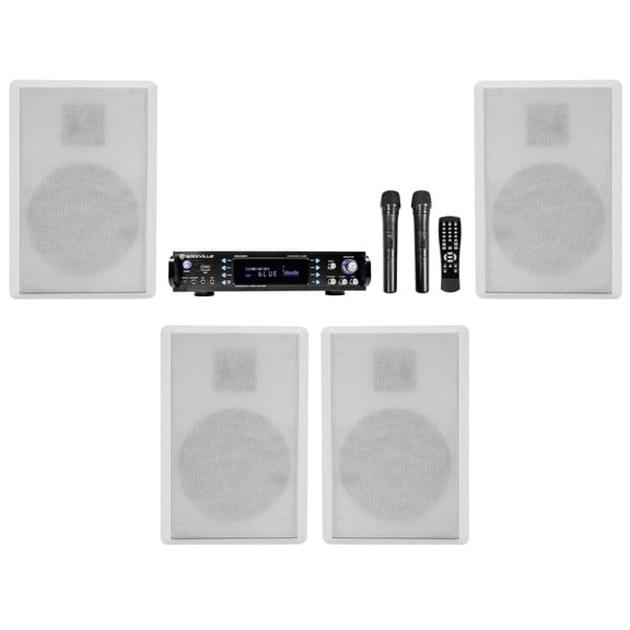 Rockville Bluetooth Receiver (4) White Wall Speakers Mics 4 Restaurant/Bar/Cafe