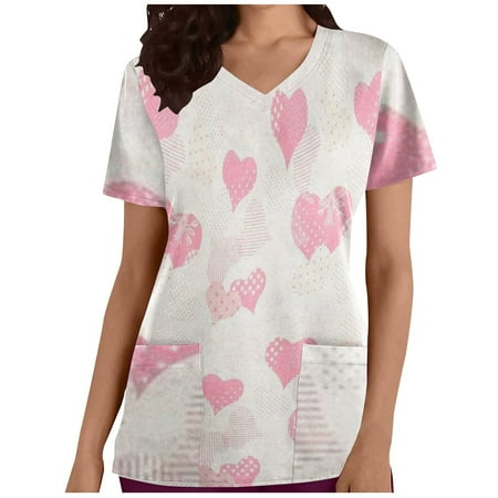 

YWDJ Valentine s Day Scrub Tops for Women Graphic Tees Hearts Print with V Neck Short Sleeve White M