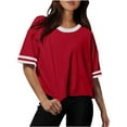 thumbnail image 2 of HVOBTTY Women's Summer Fashion Solid Short Sleeve Round Neck Drop Shoulder Loose Soft Breathable Comfy Versatile Daily Classic Beach Tee Shirt Red, M, 2 of 4