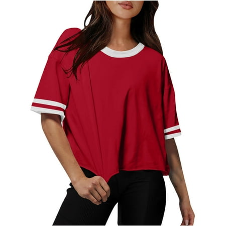 BangWanChi Ladies  Casual Drop Shoulder T-Shirt Round Neck Oversized Crop Top for Gym & Lounge