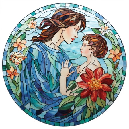 Generic DIY Stamped Cross Stitch Kits Stained Glass Mother and Baby Circle Shape Beginners Easy 11CT Needlepoint Embroidery Counted Cross Stitch Kits Art Craft Wall Decor 35x35cm(3)