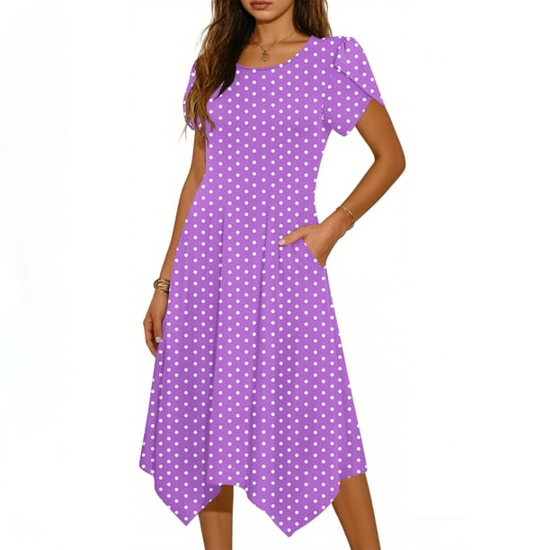 Mujeres Manga Corta Tops Casual Cuello Redondo Vestido de Impresión Irregularmente Falda Vestido de Manga Corta para Mujeres