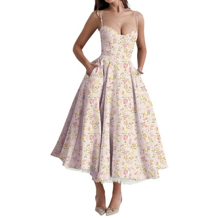 Zhensanguo Plus Size Formal Dresses for Women A-Line Spring Vintage Dress Spaghetti Strap Casual Cocktail Dress Corset Midi Dresses with Pockets Light pink XL
