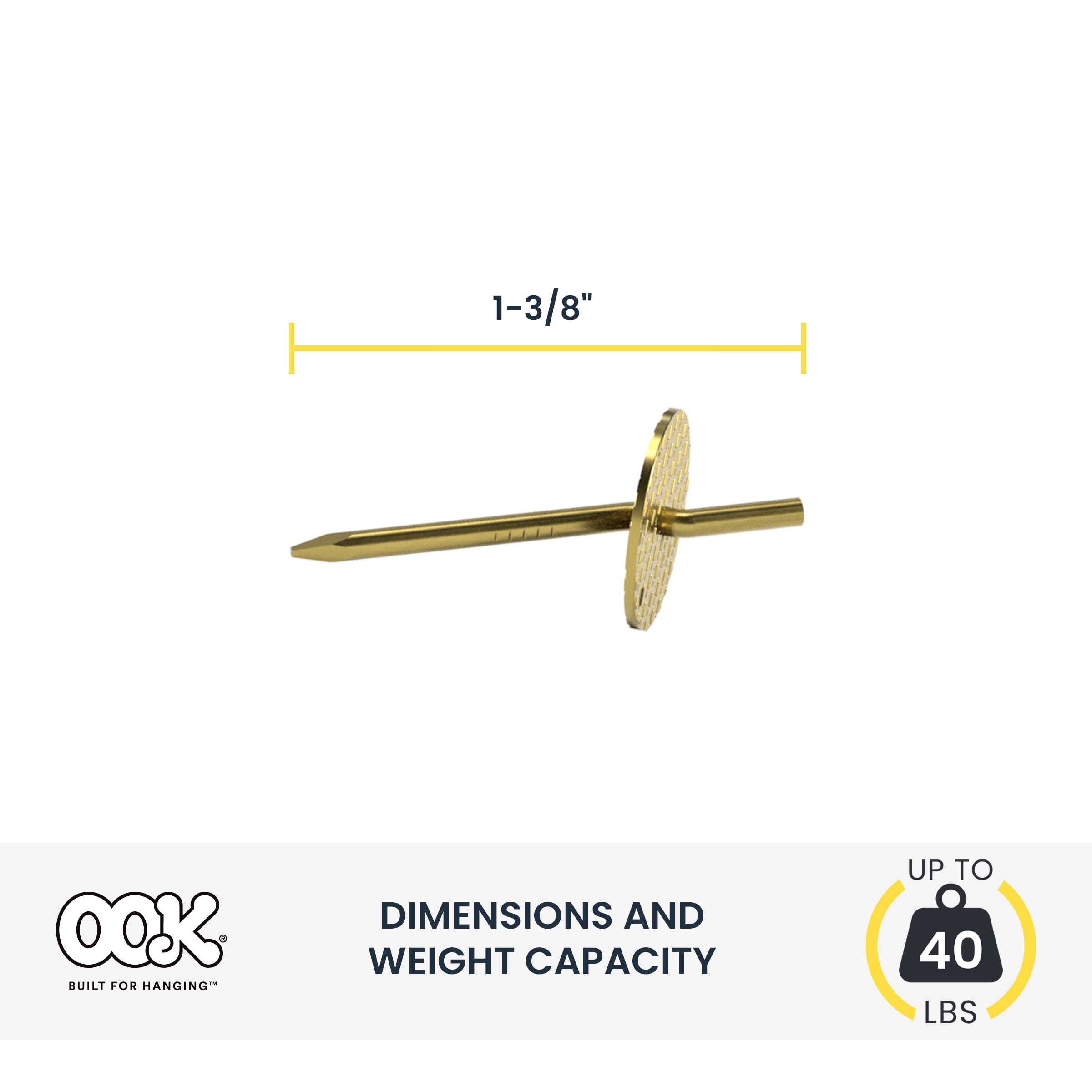 (3 pack) Ook One-Step Picture Hanger, Push Pin, 40 lbs, Steel, Brass, Gold, 4 pack