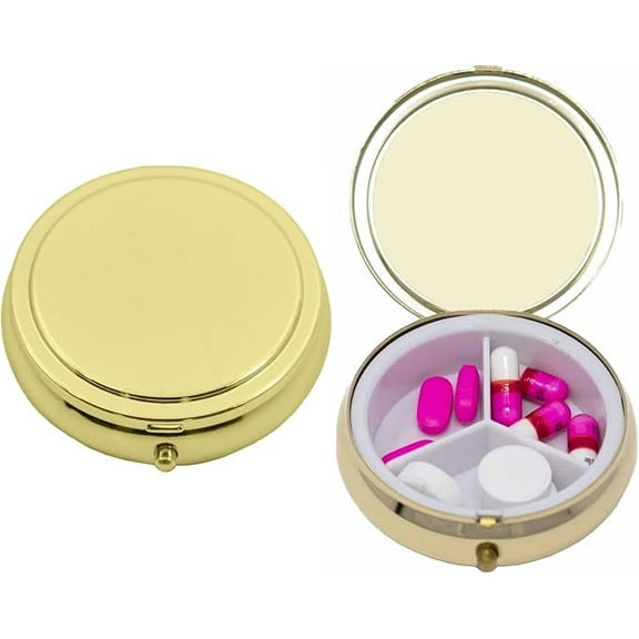 Set of 2 Circular Triple-Compartment Pocket Purse Pill Box & Organizer With Insert (Gold Flat Top - Engravable)