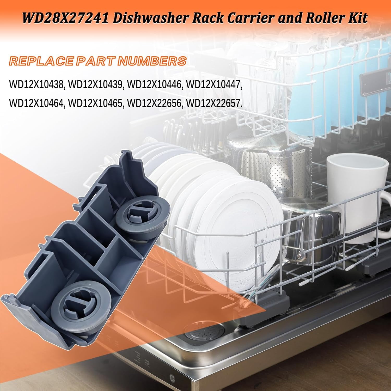 WD28X27241 Dishwasher Lower Rack Carrier and Roller Kit for GE Wheels Assembly WD12X10438 WD12X10439 WD12X10446 WD12X10447 WD12X22656 WD12X22657 (2Pcs)