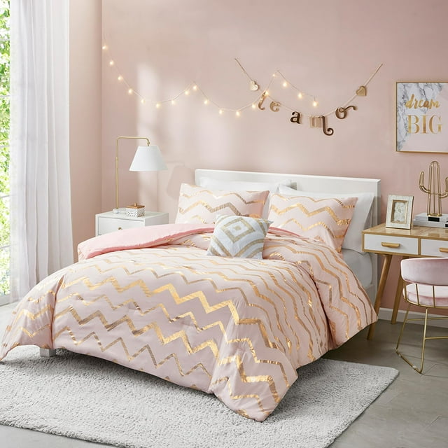 Codi Teen Girl Bedding Sets, Queen/Full Size Pink Comforter 4 Piece Set For Girls Teen/Kids - Includes 1 Blush/Gold Comforter, 2 Pillow Shams, 1 Decorative Pillow - All Seasons Warm
