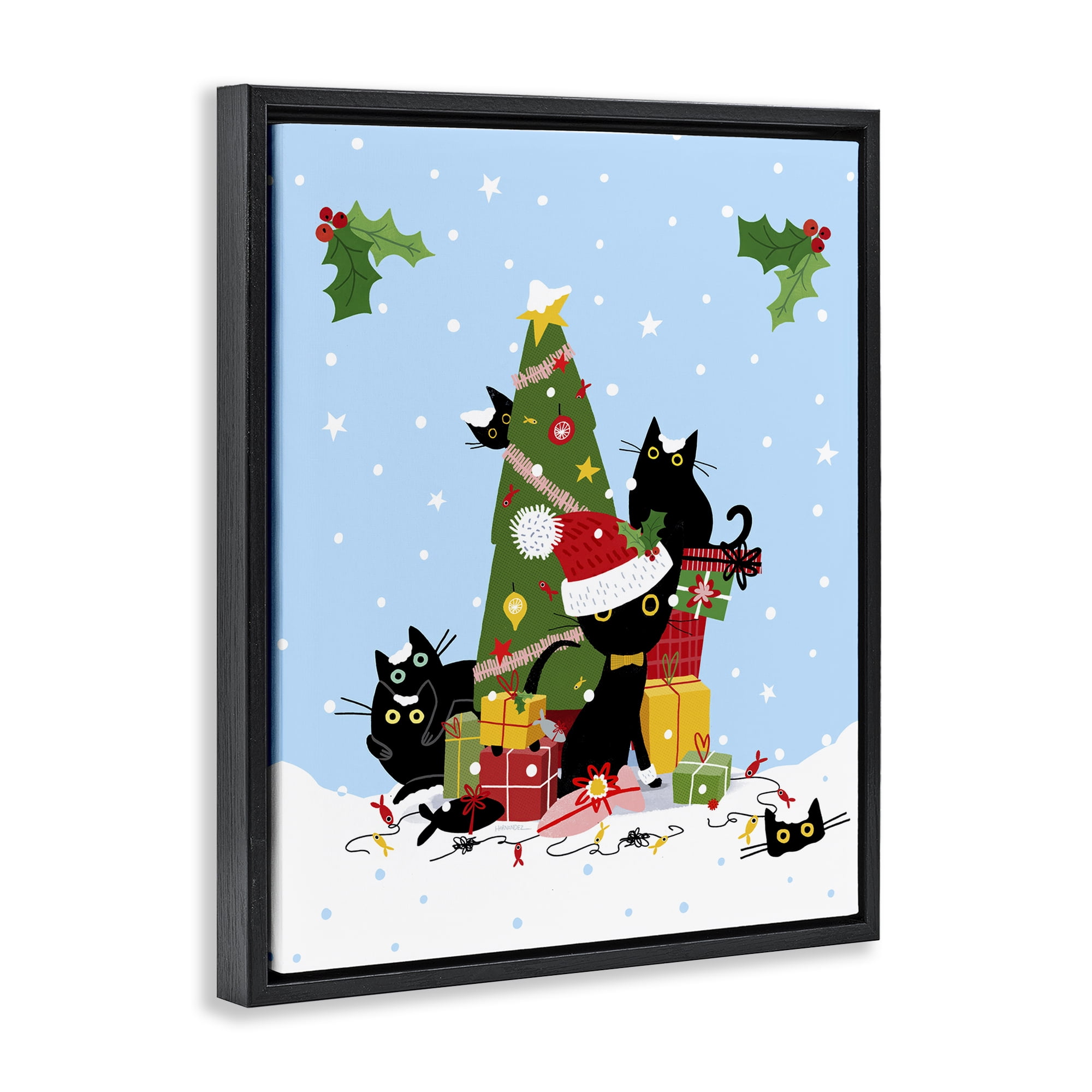 Stupell Industries Silly Cats in Christmas Tree Holiday Painting Black Floater Framed Canvas Art Prints Wall Art, 25 x 31