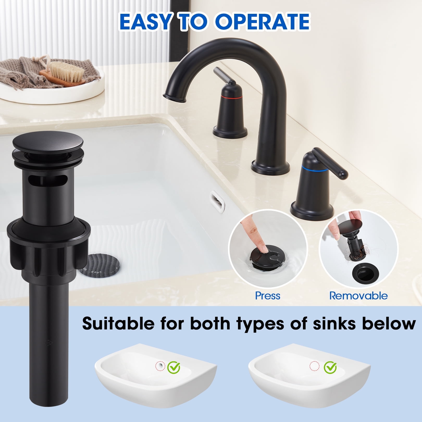 Wowkk Sanitary Ware Brass Bathroom Sink Faucet 2 Handles Widespread Bathroom Faucet 3 Hole, Pop-Up Drain and cUPC Supply Lines Included, Basin Faucets for Vanity Rv Restroom, Matte Black