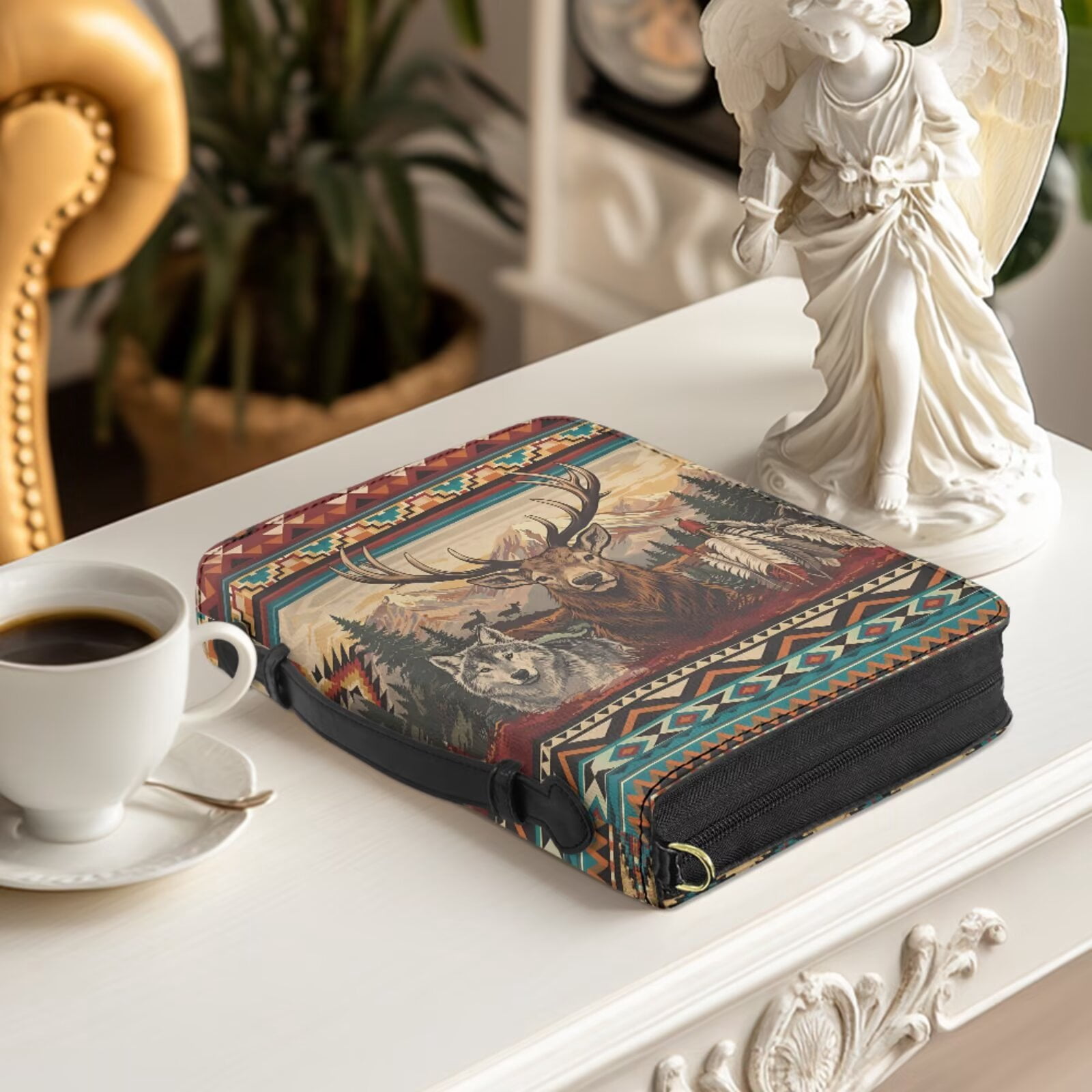Kuiaobaty Aztec Wolf Print Bible Covers for Women Men Deer Tribal Style Print Carrying Book Case Church Bag with Handle and Strap Scripture Case with Bookmark for Church, Brown
