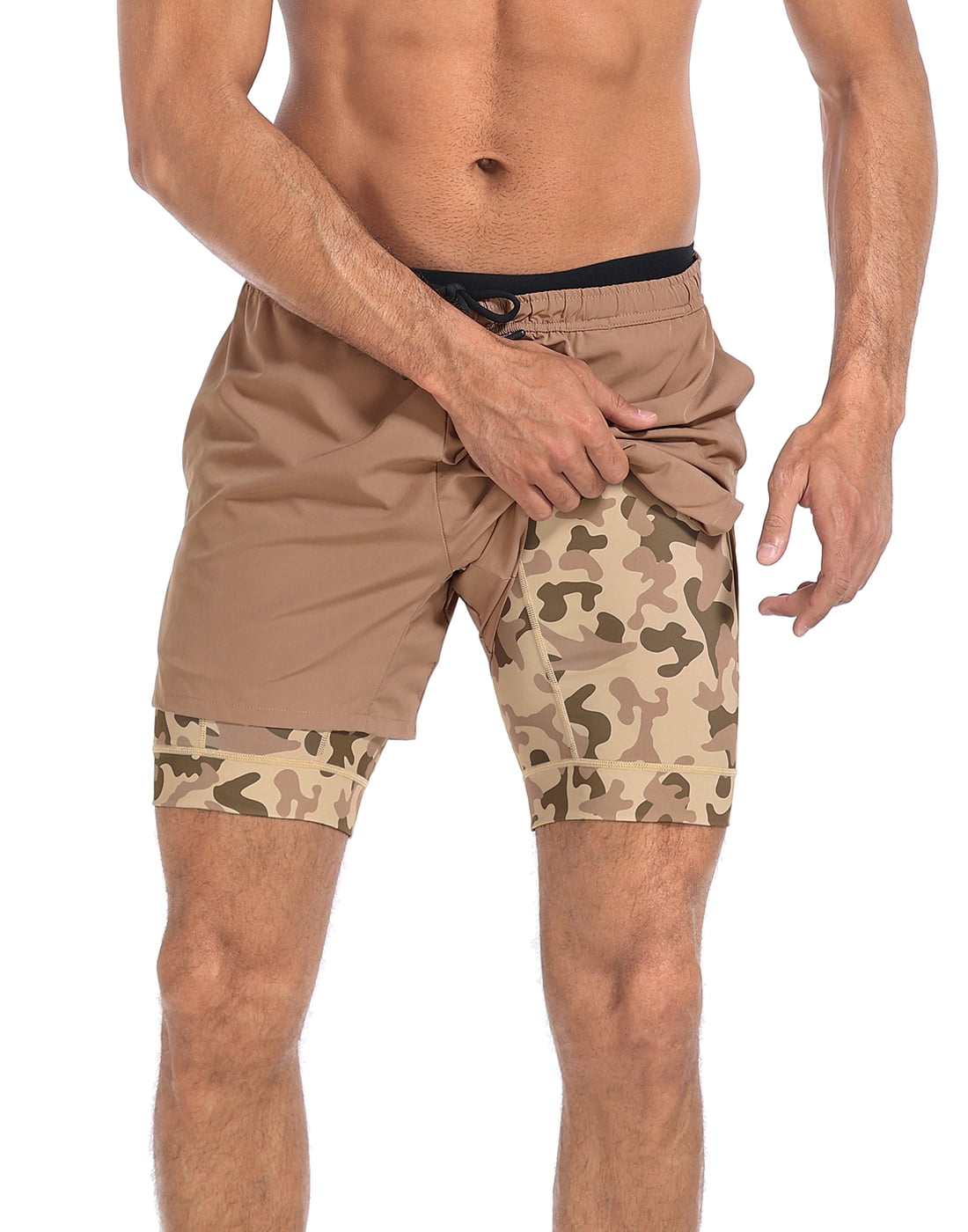 LRD Men's Workout Shorts with Compression Liner 5 Inch Inseam Khaki