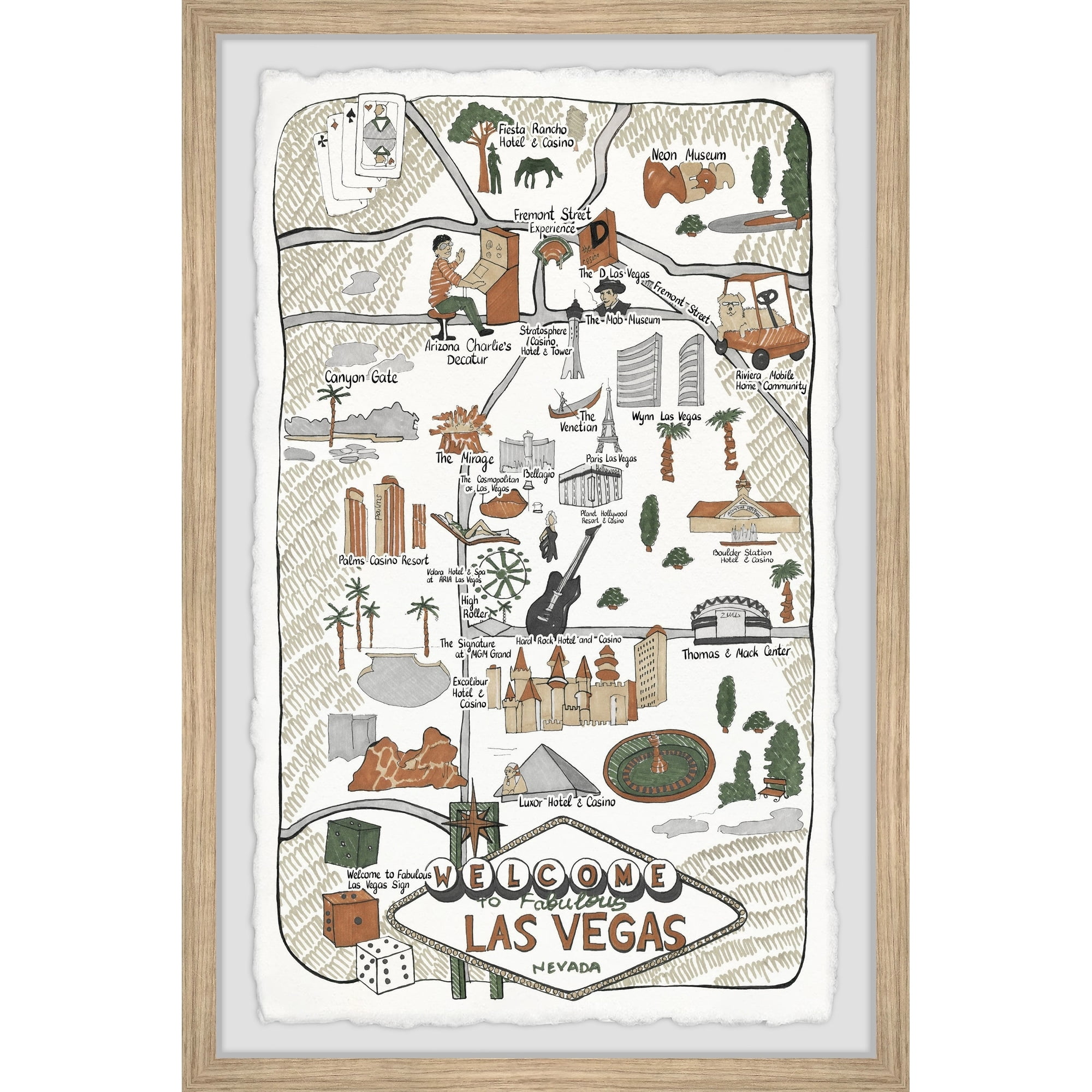 Marmont Hill Illustrated Map of Las Vegas Strip Framed Wall Art, 8" x 12"