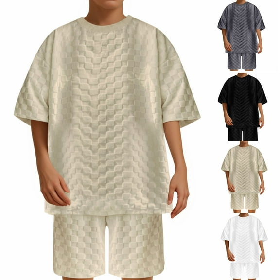 Jinhomg Mens Cotton Knit Sets Trendy Jacquard Checkerboard Tracksuit Sets Big and Tall Casual Crew Neck T-Shirts with Elastic Drawstring Waist Shorts 90% off Clearance Sale of Today Khaki L