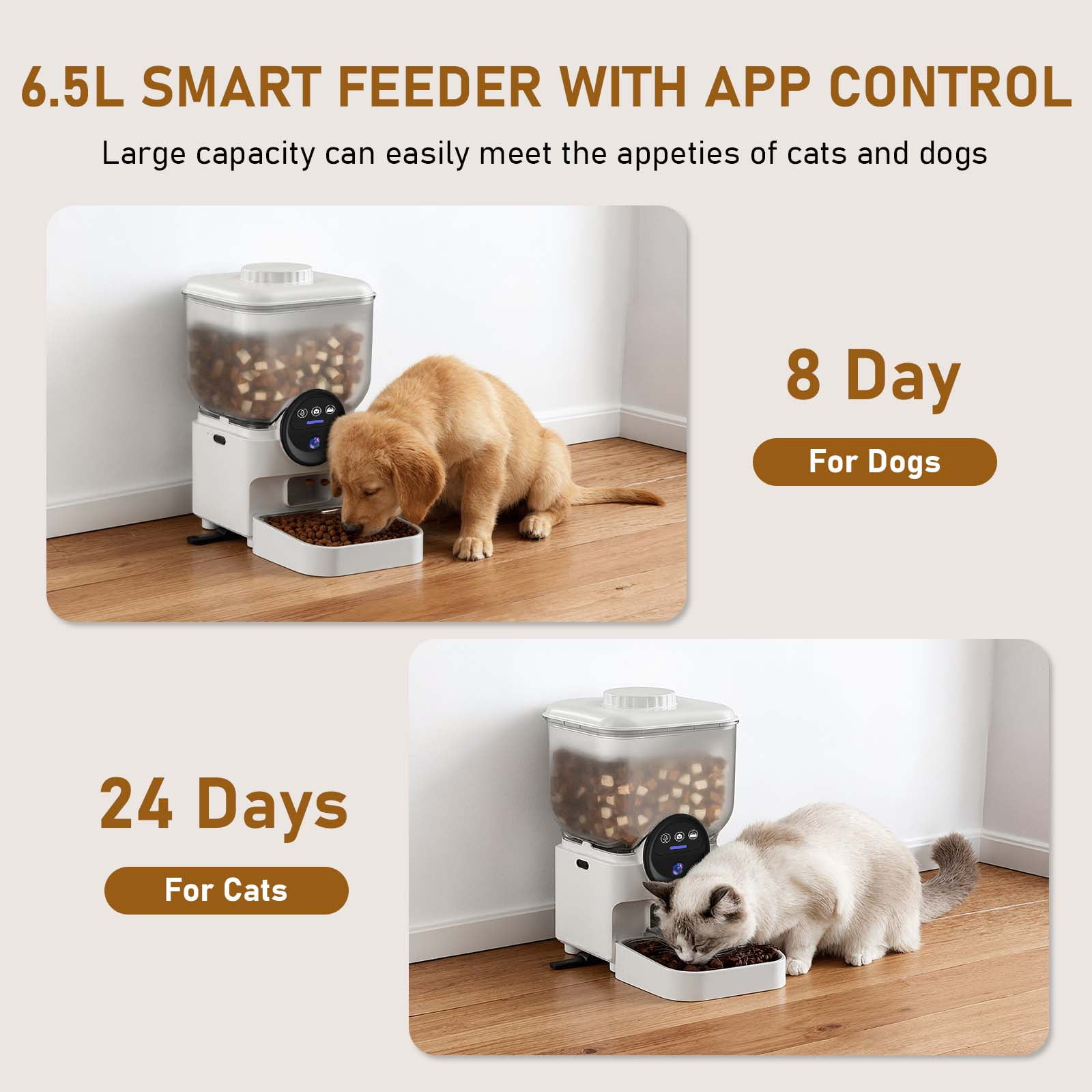 Eurhowing Smart WiFi Pet Feeder with 1080P HD Camera, 6.5L Automatic Cat Feeder Dog Food Dispenser with Night Vision & 2-Way Audio, App Control, Timer, Dual Power, White