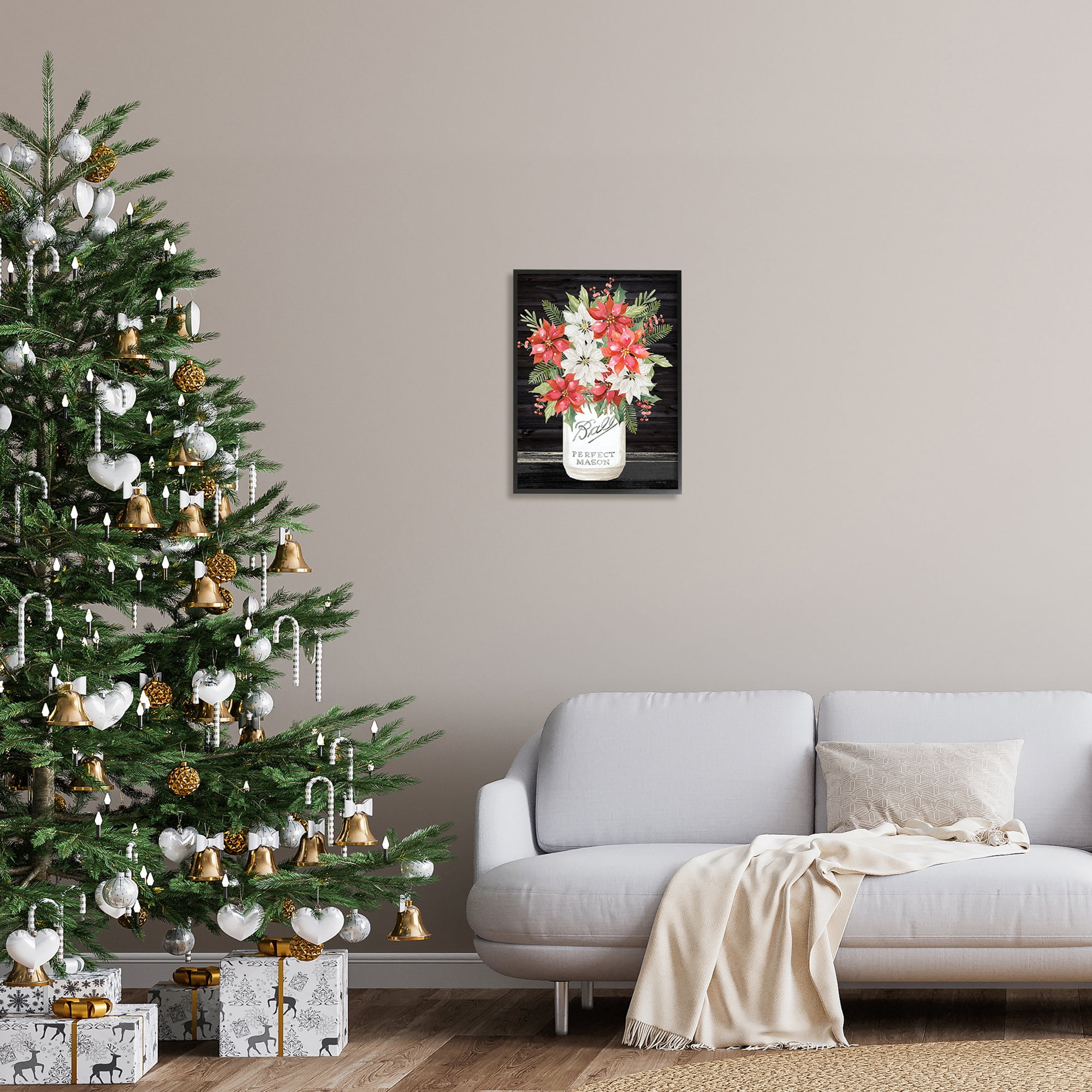 Mixed Holly Poinsettia Flower Bouquet Country Jar Botanical & Floral Graphic Art Framed Art Print Wall Art