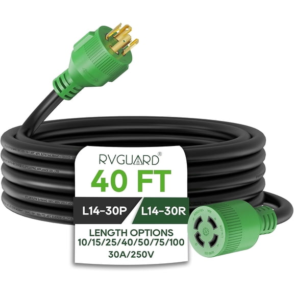 RVGUARD 4 Prong 30 Amp 40 Foot Generator Extension Cord, NEMA L14-30P/L14-30R, 125/250V Up to 7500W 10 Gauge SJTW Cord with Organizer, ETL Listed