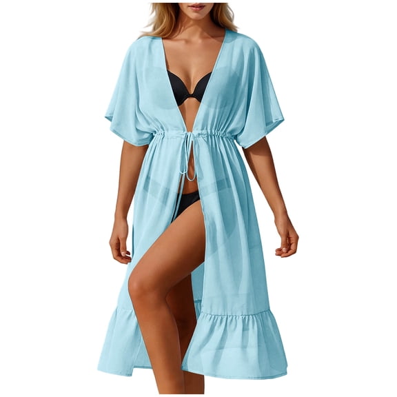 daznei Swimsuit Coverup for Women Lightweight Chiffon Flowy Short Sleeve Kimonos with Lace up Loose Cardigans for Swimwear Light Blue