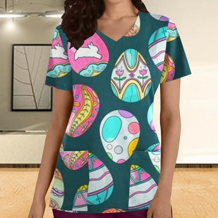 

PEONAVET Womens Nursing Scrub Tops Easter Eggs Bunny Rabbit Printed Working Uniform Short Sleeve V Neck Workwear Blouse T-shirt with Pockets - Savings Clearance