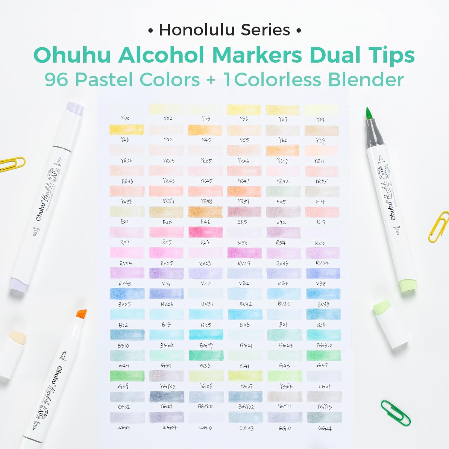 Ohuhu Pastel Markers Alcohol Based -96 Pastel Colors of Honolulu Sweetness + Blossoming - Brush & Chisel - Refillable Ink-New Color Codes