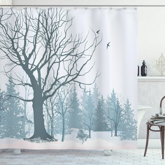 Ambesonne Winter Shower Curtain, Snowy Forest Trees Birds, 69"Wx70"L, Petrol Blue