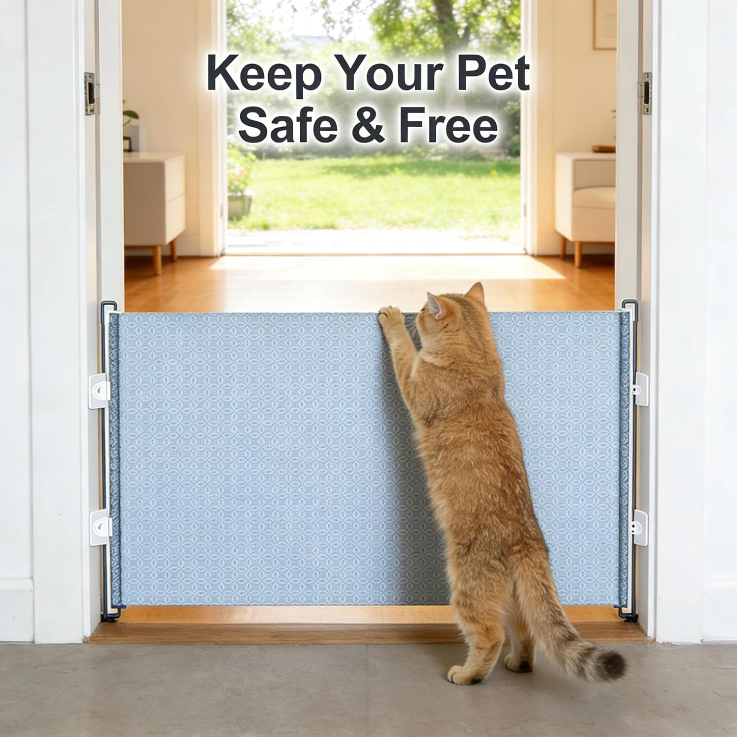 Retractable Pet Gate, No Drill Mesh Gate with 3 Hooks & Transparent Locators, Easy Install Indoor Barrier for Cats Dogs Staircase Hallway, 125x50cm