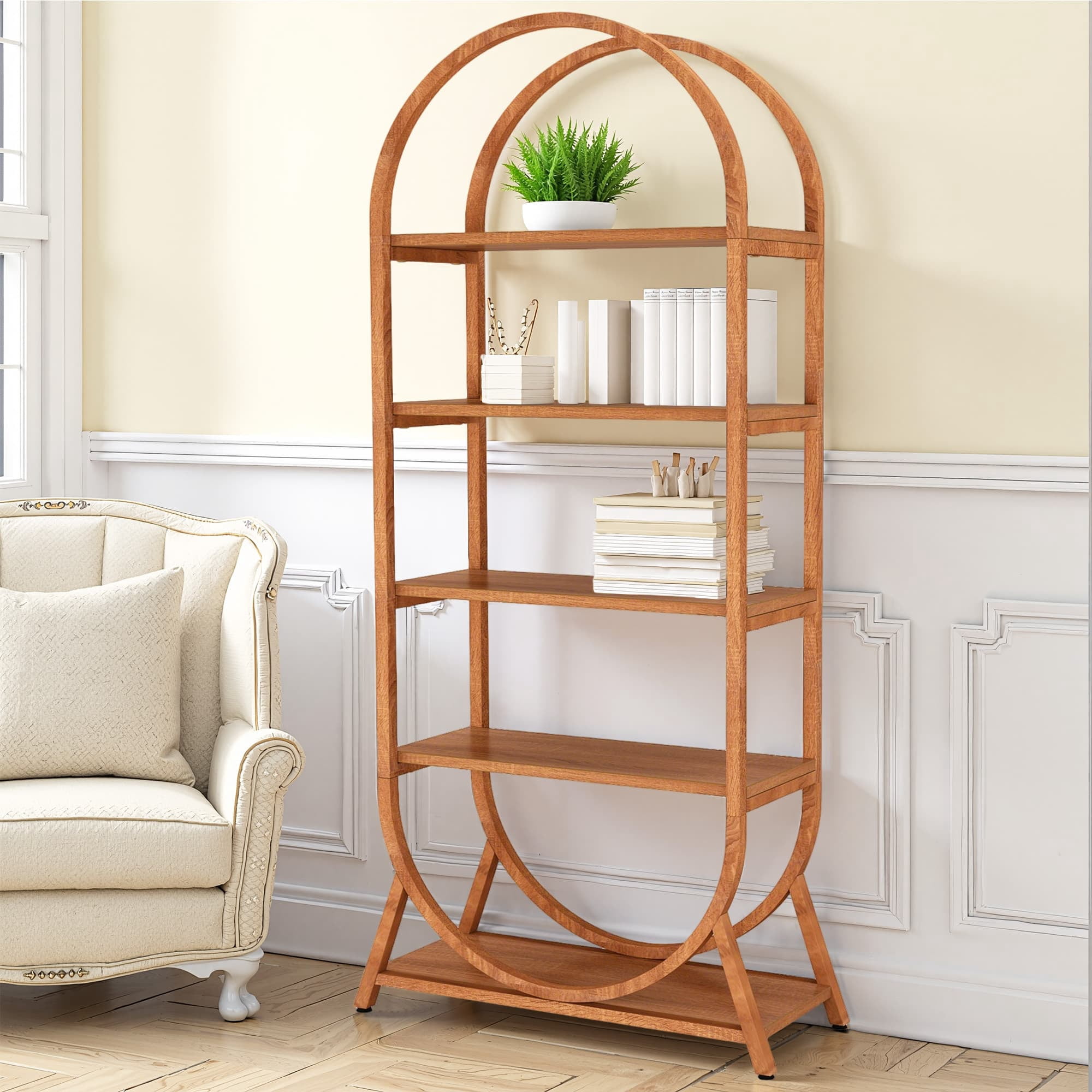 MAYEERTY Curved Top 5-Tier Open Arched Bookshelf, 70.8" Compact Storage Display Rack for Small Rooms
