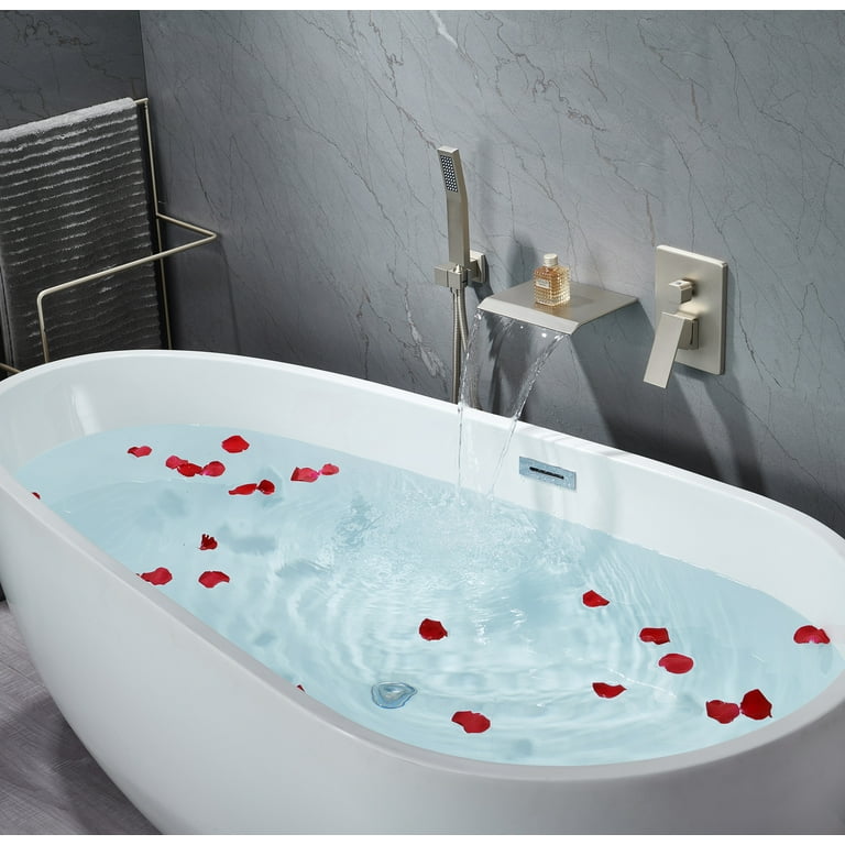 RIGOBAL Waterfall Wall Mount Bathtub Faucet Tub Filler With Sprayer Brushed Nickel High Flow