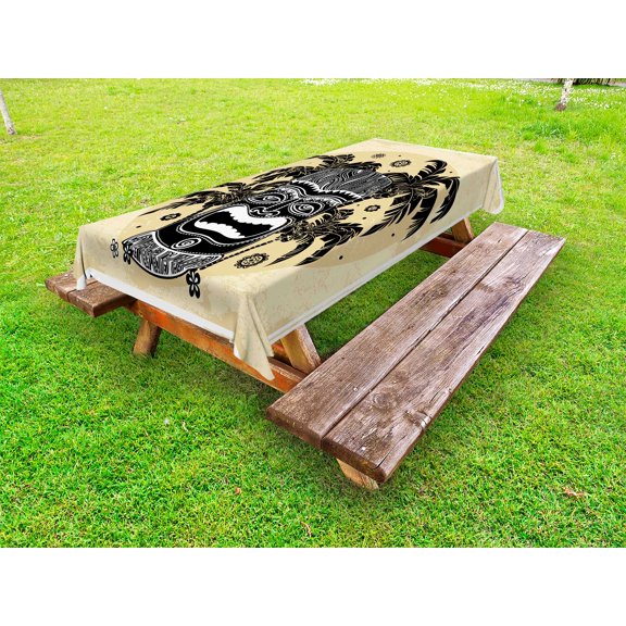 Tiki Bar Outdoor Tablecloth, Hawaii Tiki Mask Figure Palm Trees Ornate Flowers Sunny Summer Party Print, Decorative Washable Fabric Picnic Tablecloth, 58 X 104 Inches, Brown White Yellow, by Ambesonne