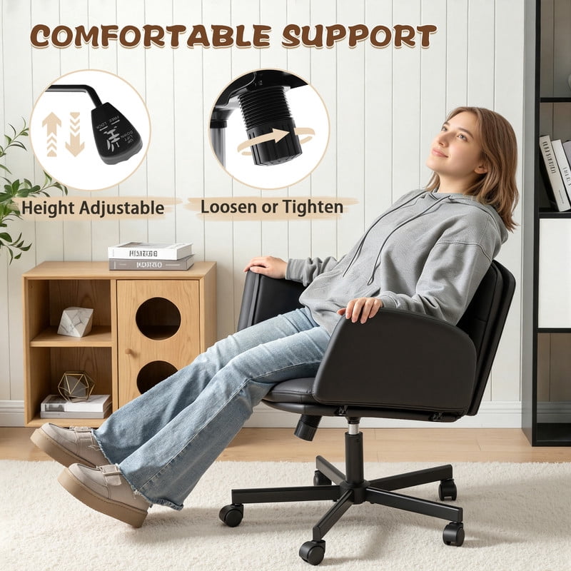 Homall Cross Legged Chair with Armrests and Wheels, PU Leather Vanity Chair, Adjustable Swivel Computer Office Chairs for Home Office, Make Up, Black