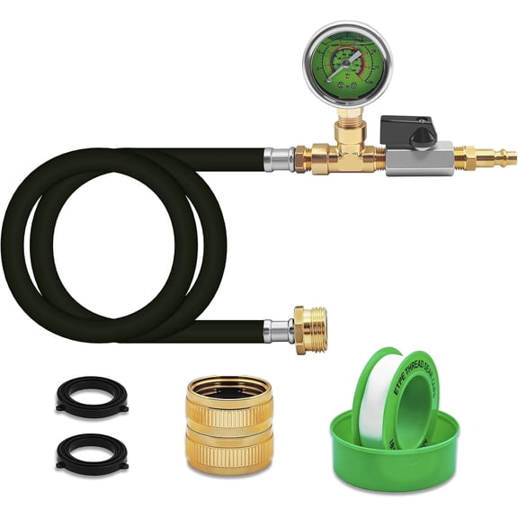 RV Winterizing Kit with Gauge, 60inch RV Winterize Hose with 3/4" GHT Blow Out Fitting Adaptor & 1/4" Quick Connect Plug, Sprinkler Winterization for RV, Camper, Boat, Travel , Black