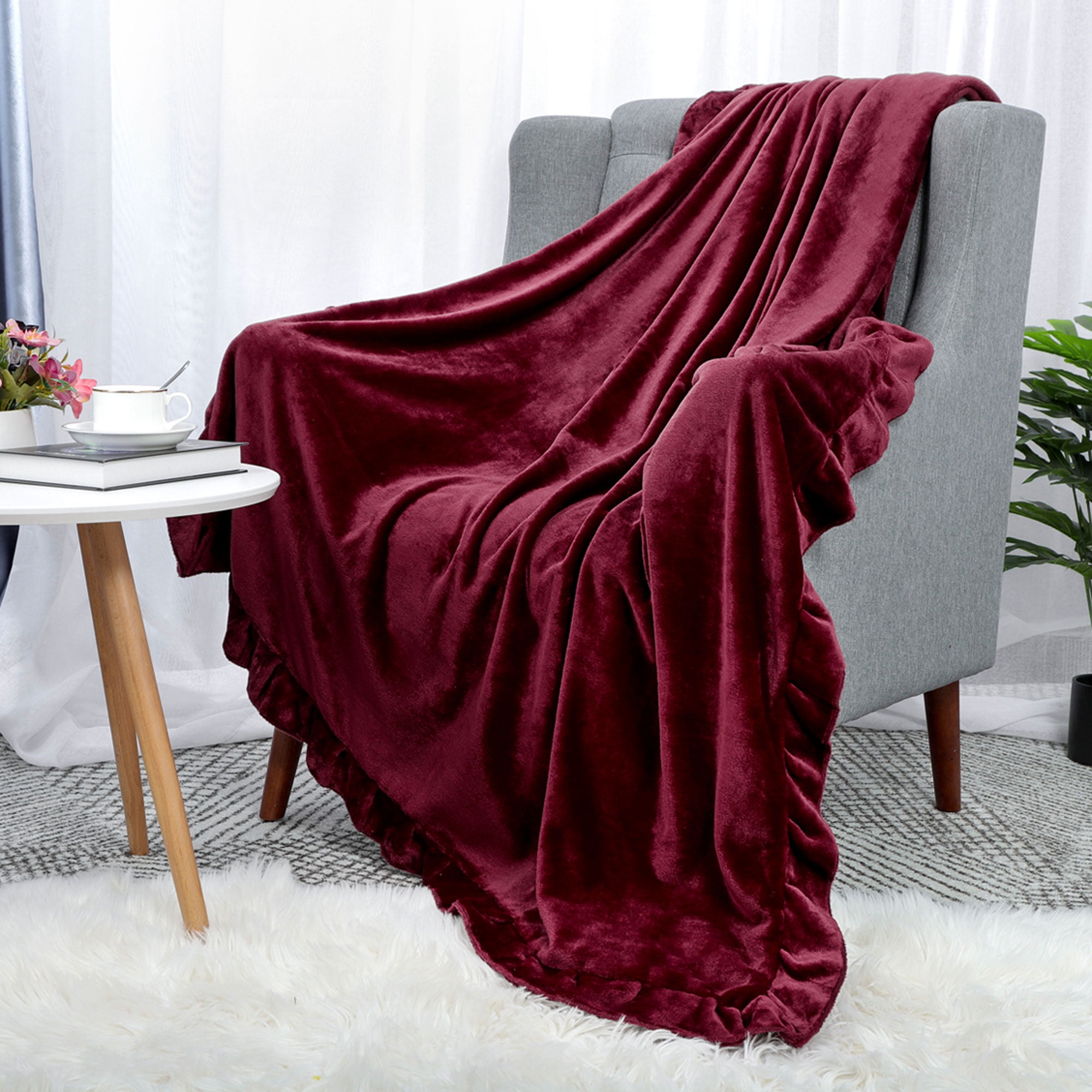 Decorative Velvet Plush Throw Blanket With Ruffle Trim for Sofa Couch
