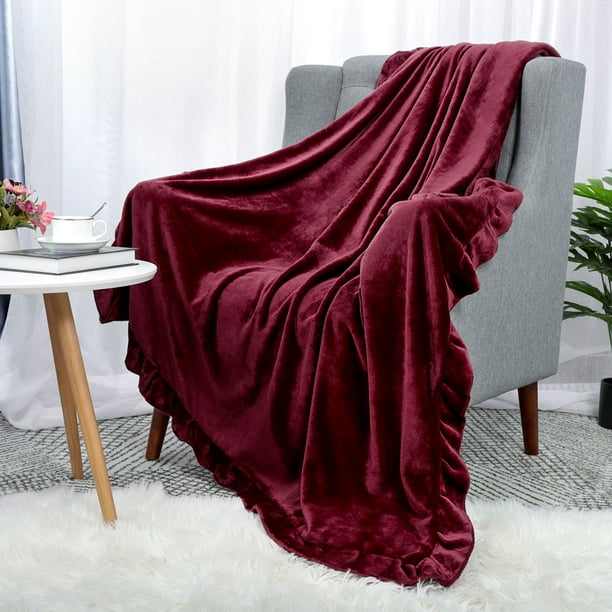Decorative Velvet Plush Throw Blanket With Ruffle Trim for Sofa Couch