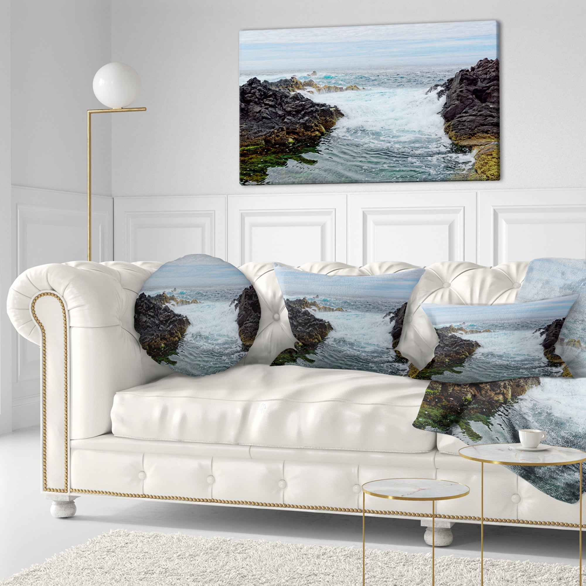 Designart Splashing Waters to Mossy Rock - Seashore Throw Pillow - 12x20