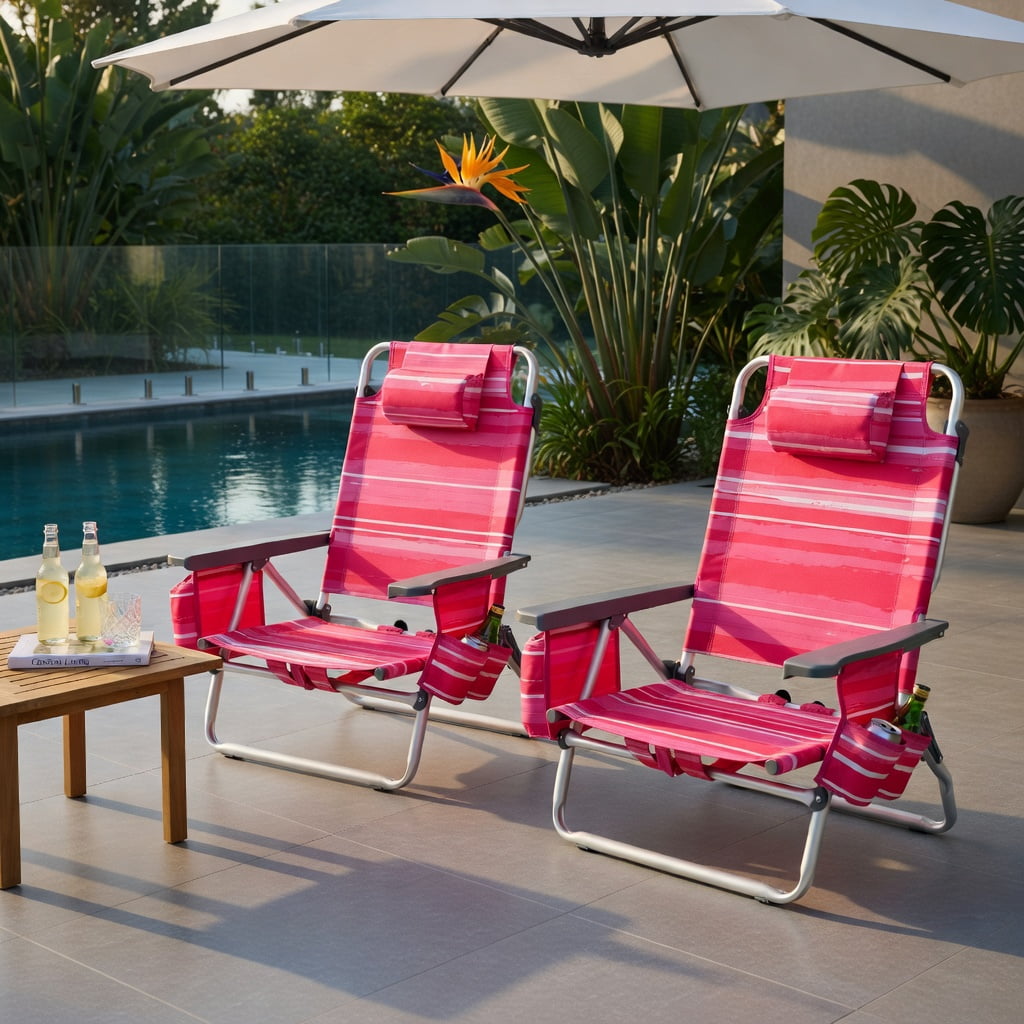 Hommoo 2-Piece Portable Outdoor Folding Beach Chair Set with Side Table, 5-Position Reclining Aluminum Chairs + Compact Folding Table, Hot Pink