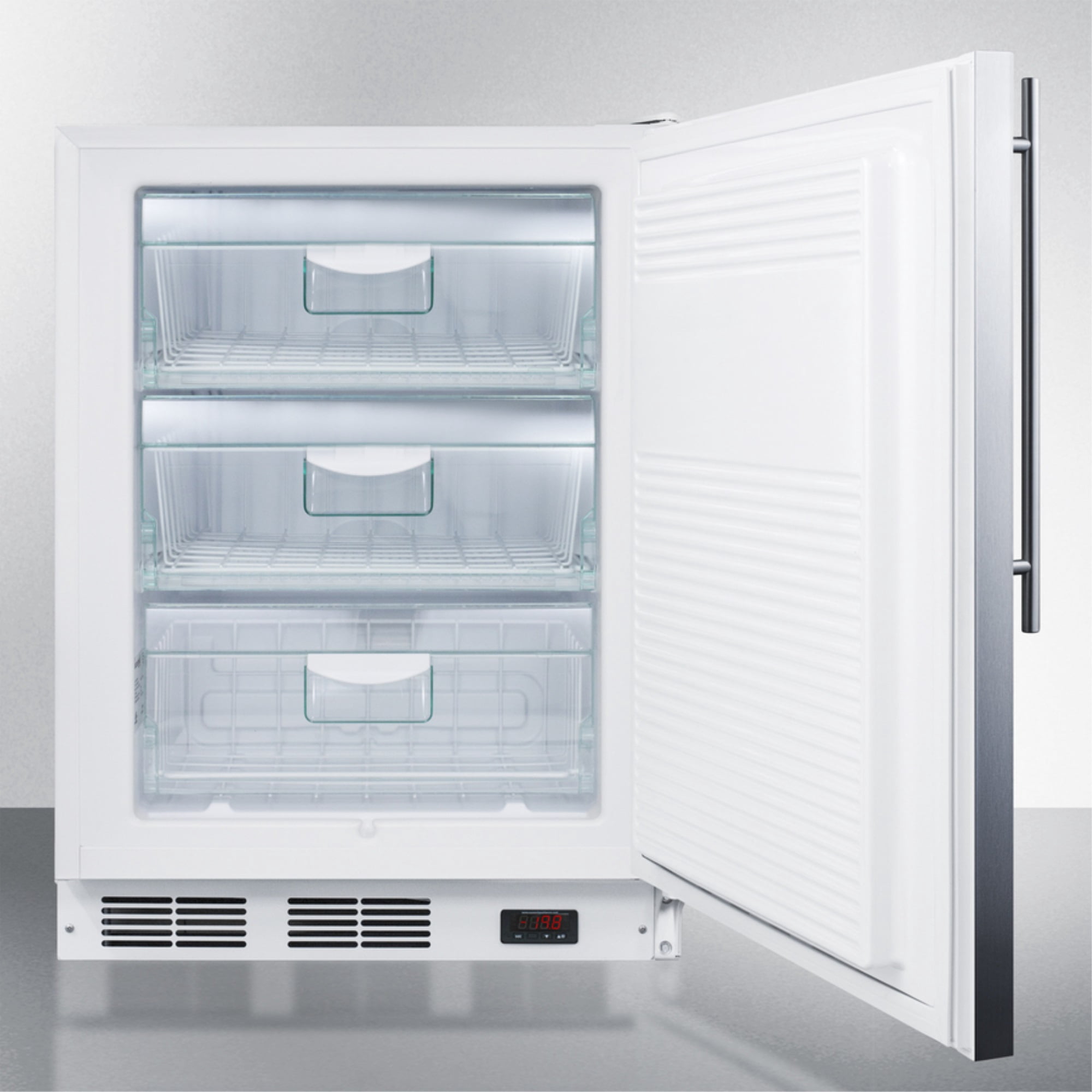 ADA compliant built-in medical all-freezer capable of -25 C operation, with lock, stainless steel door, thin handle, and white cabinet