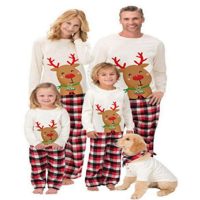 Pyjamas de Noël Assortis pour la Famille Hauts Mignons en Forme de Cerf et Pantalons à Carreaux Classiques Couleur Simple