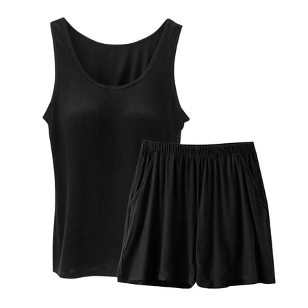 ZRBYWB Pajama Set For Women Female Spring Summer Casual Sleeveless Solid Color Padded Tank Top Shorts Set Home Pajama Sets Nightwear