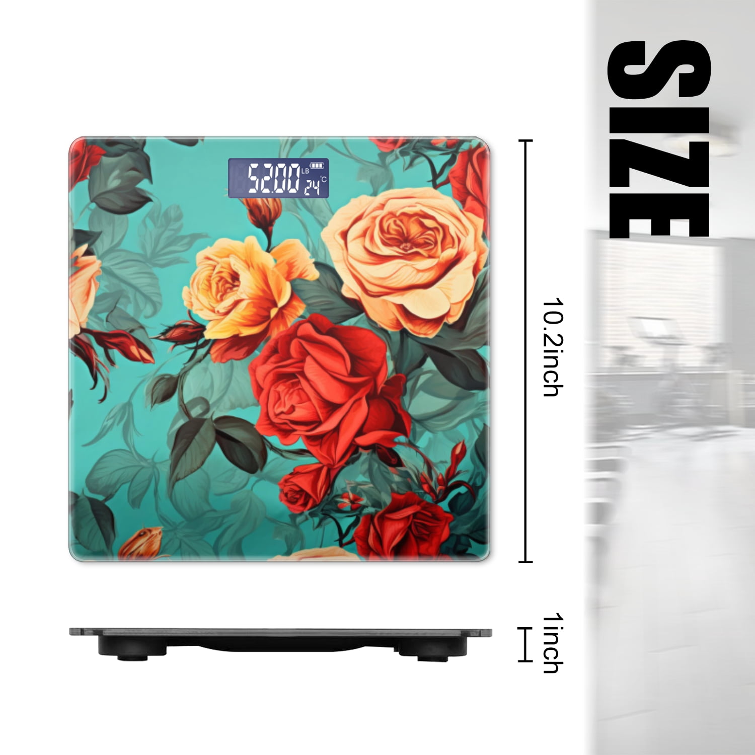 Bathroom Scale, Highly Accurate Digital Body Scale,Precisely Measures Weight up to 400 lbs-Roses In Red And Yellow Tones On Turquoise Background