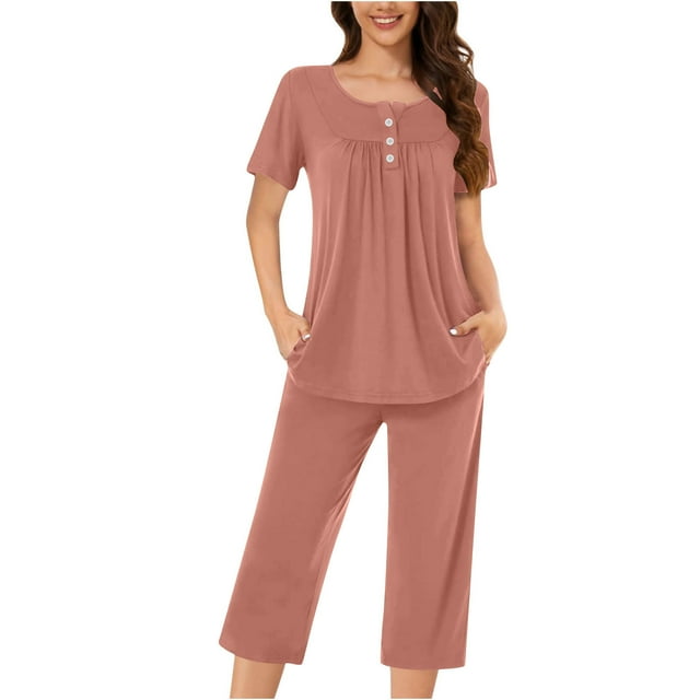 Yuyuzo Pyjamas pour Femmes Ensembles Manches Courtes Col Rond Plissé Haut Tunique Pantalons Capri avec Poches Pjs Ensembles Loungewear
