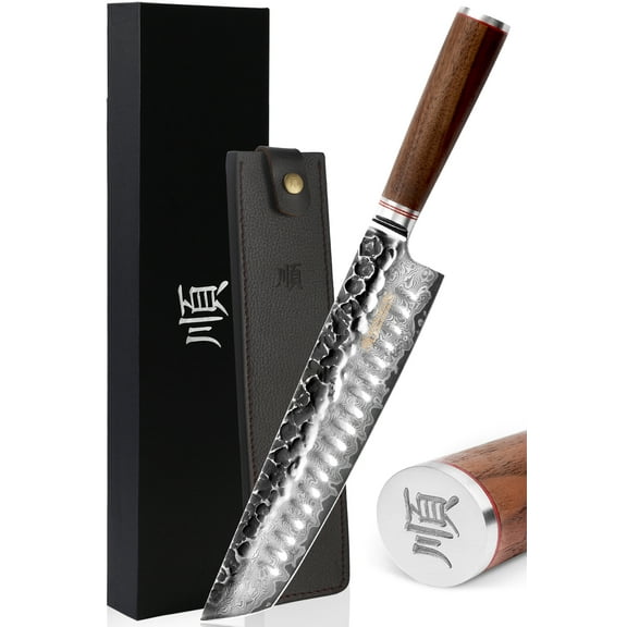 YOUSUNLONG Tanto Chef's Knife 10 Inch - Japanese Hammered Damascus Steel Kitchen Knife, Natural Walnut Wooden Handle