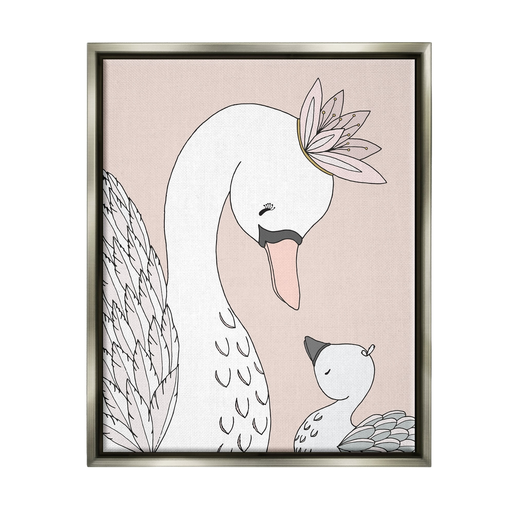 Stupell Industries Mother & Baby Swan Flower Crowns Princess Animals Graphic Art Luster Gray Floating Framed Canvas Print Wall Art, Design by Sweet Melody Designs