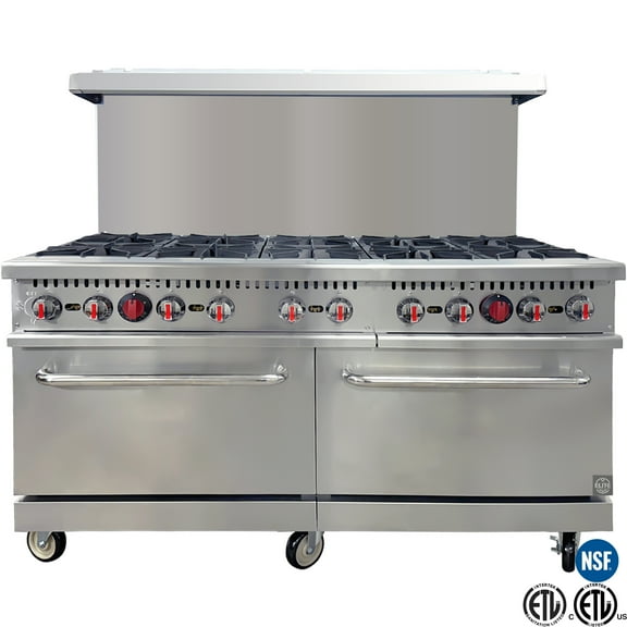 NSF 60 in. 10 Burner Gas Range with Double Ovens, Commercial Gas Range, Heavy-duty Steel Frame